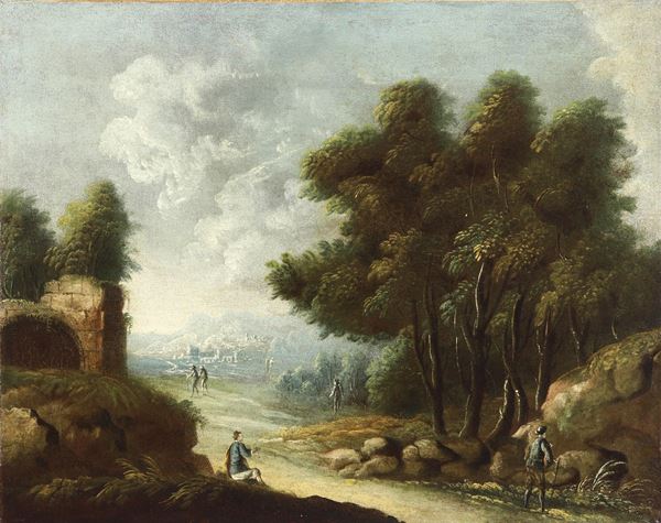 Scuola del XVIII secolo Paesaggio con viandanti