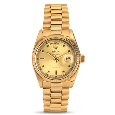 Elegante Daydate in Oro 18k, Ref 18038, Quadrante Champagne "pinball", Bracciale President con Ch...