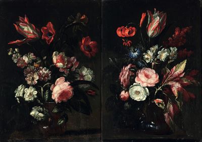Scuola del XVII Secolo Nature Morte con Vasi Fiori