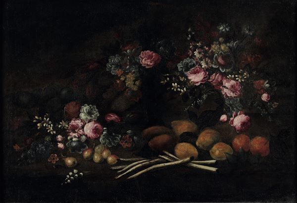 Scuola del XVIII secolo Natura morta con fiori, frutti e ortaggi