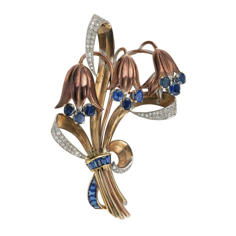 Huit-huit diamond, sapphire and metal alloy brooch  - Auction Jewels - Cambi Casa d'Aste