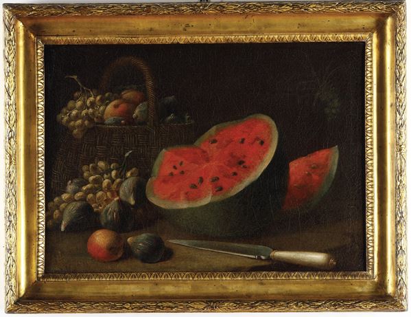 Scuola italiana del XVII secolo Natura in posa con anguria, coltello e cesto di fichi