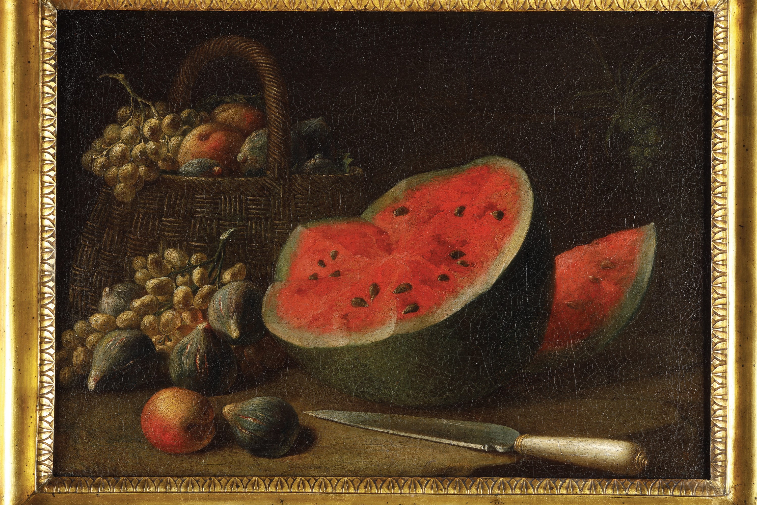 Scuola italiana del XVII secolo Natura in posa con anguria, coltello e cesto di fichi
