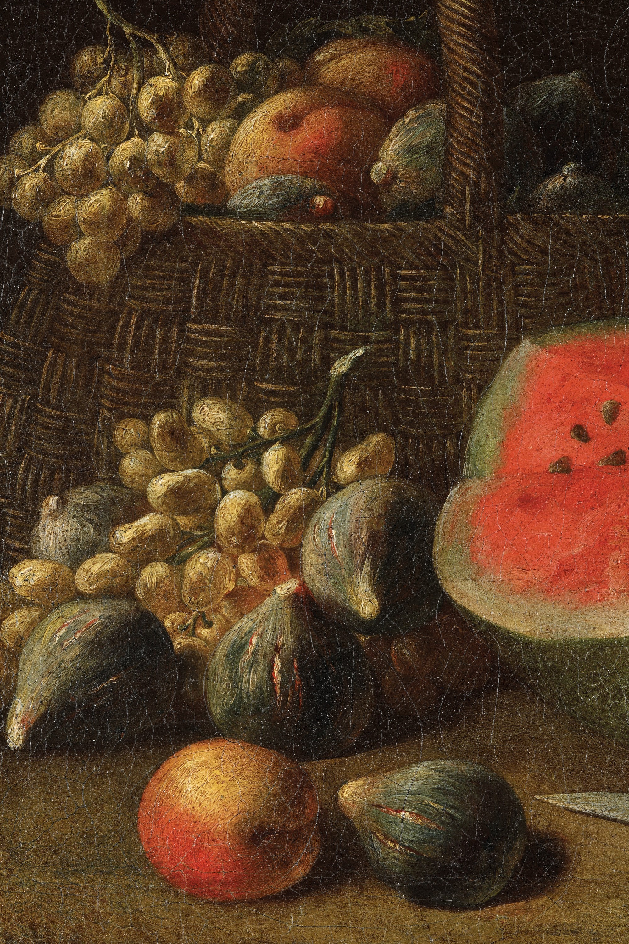 Scuola italiana del XVII secolo Natura in posa con anguria, coltello e cesto di fichi