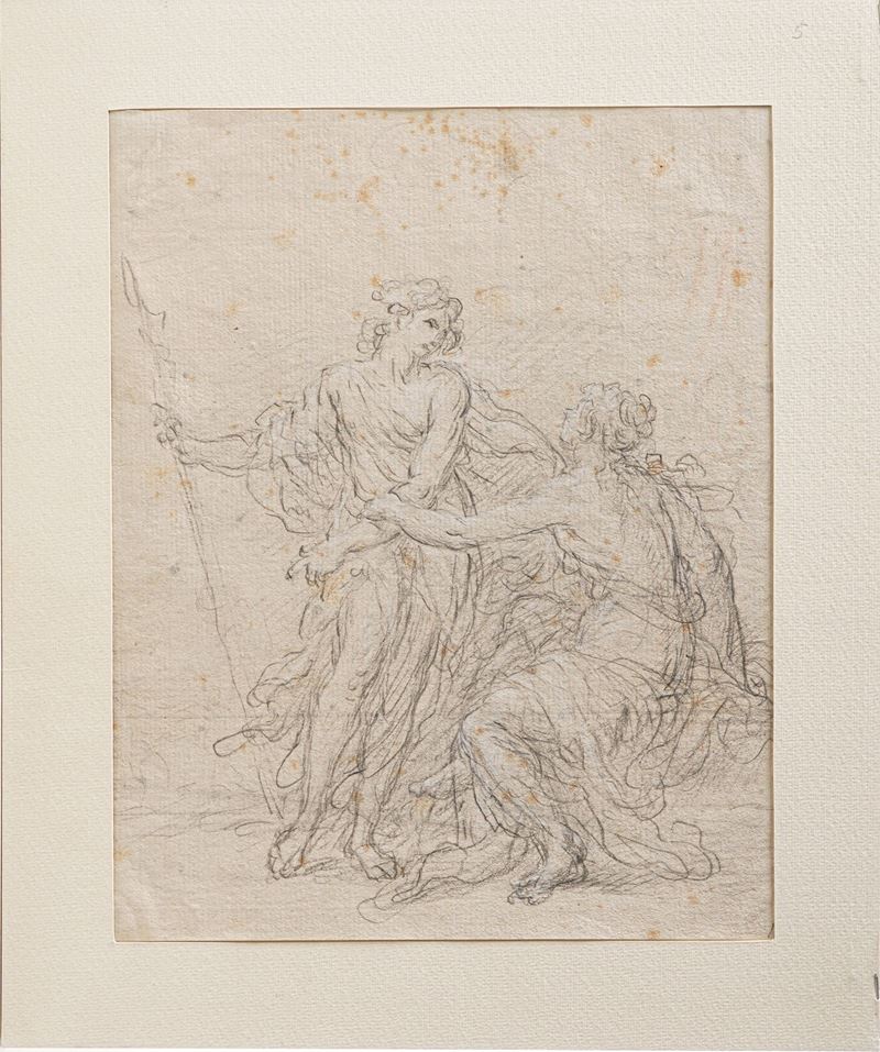 Scuola napoletana del XVII secolo Venere e Adone  - matita nera e bianca su carta - Asta Disegni Antichi - I - Cambi Casa d'Aste