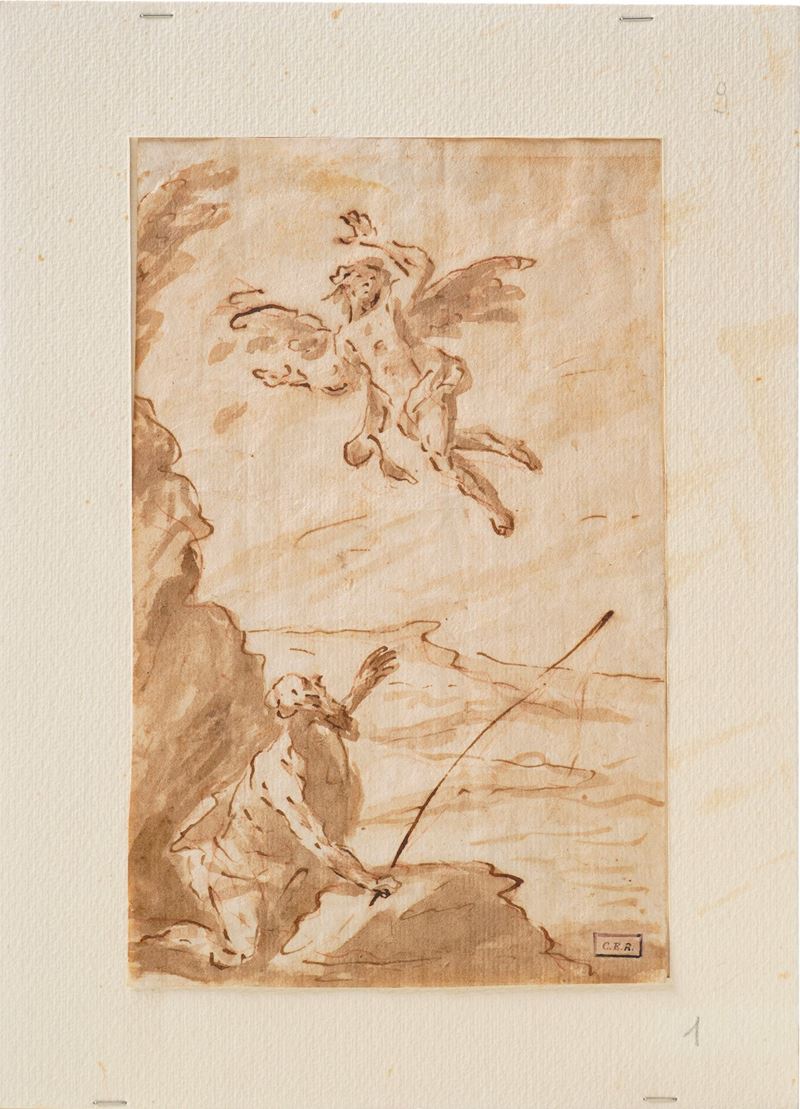 Scuola veneta del XVIII secolo Tobiolo e l’angelo  - penna, inchiostro bruno e acquerello su carta - Auction Antique Drawings - I - Cambi Casa d'Aste