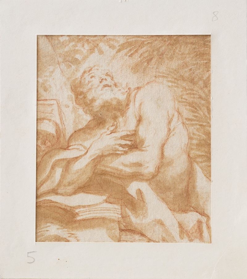 Domenico Piola : San Gerolamo  - matita rossa e acquerello bruno su carta - Auction Antique Drawings - I - Cambi Casa d'Aste