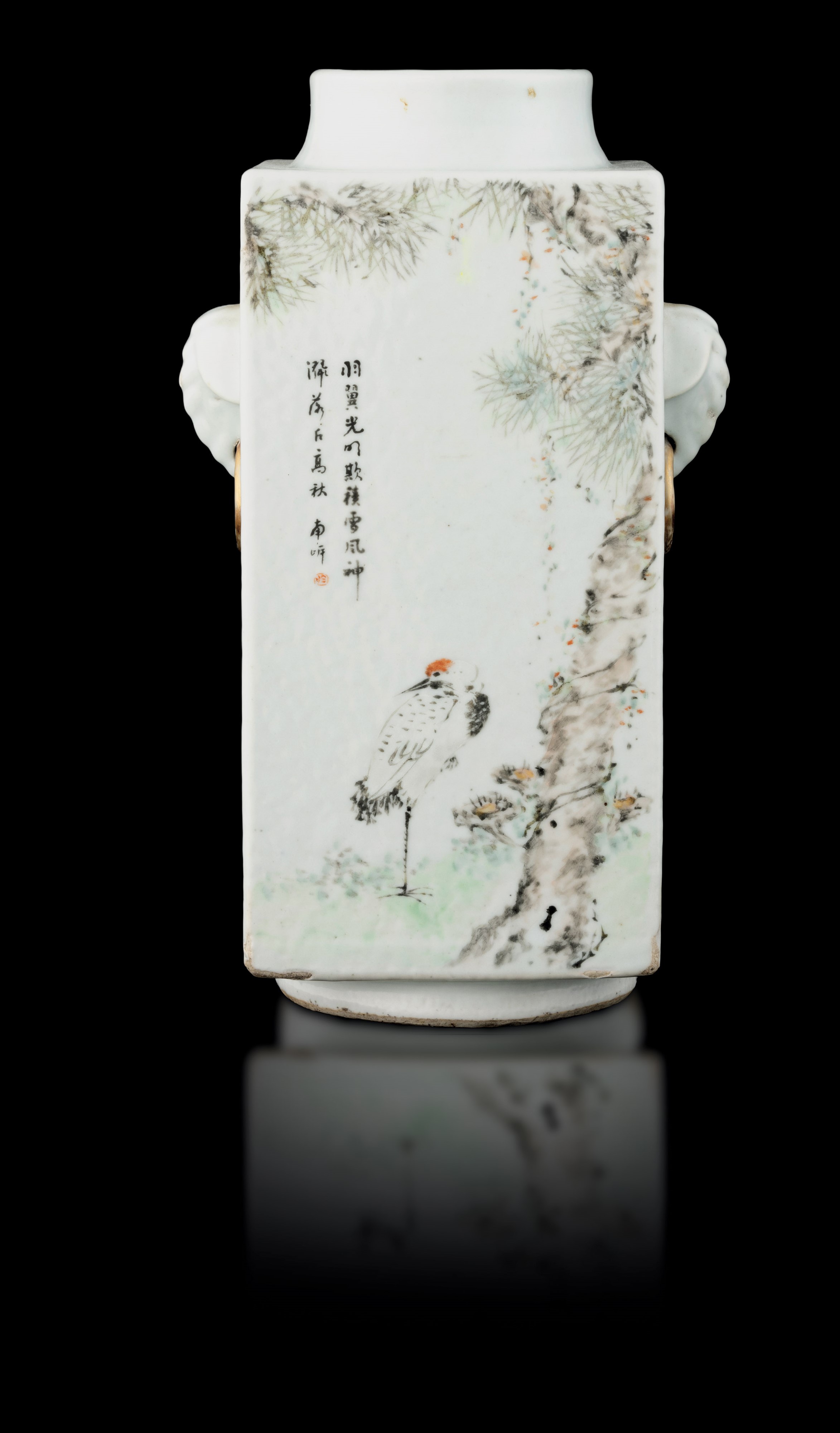 Vaso in Porcellana Qianjiamg a Pianta Quadrata Raffigurante Scena di Vita Comune con Iscrizioni e...