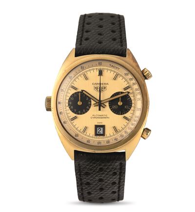 Carrera Ref 1158 in Oro Giallo 18k, Quadrante Dorato Satinato Verticalmente con Contatori Neri, D...