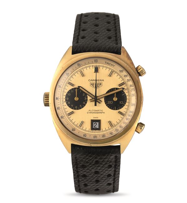 HEUER - Carrera ref 1158 18k yellow gold, vertically satin-finished gold dial with black counters, date window at six o'clock, and leather strap