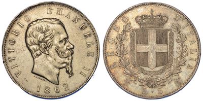 Regno D'italia. Vittorio Emanuele II di Savoia, 1861-1878. 5 Lire 1862. Torino.