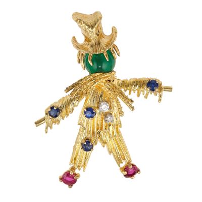 Van Cleef & Arpels, Spilla “Spaventapasseri” in oro giallo 750/1000 con smeraldi, diamanti, zaffi...