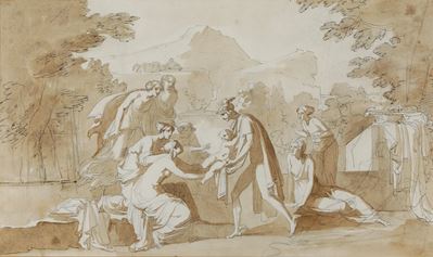 Episodio tratto dalla mitologia classica, penna, inchiostro bruno e acquerello su carta