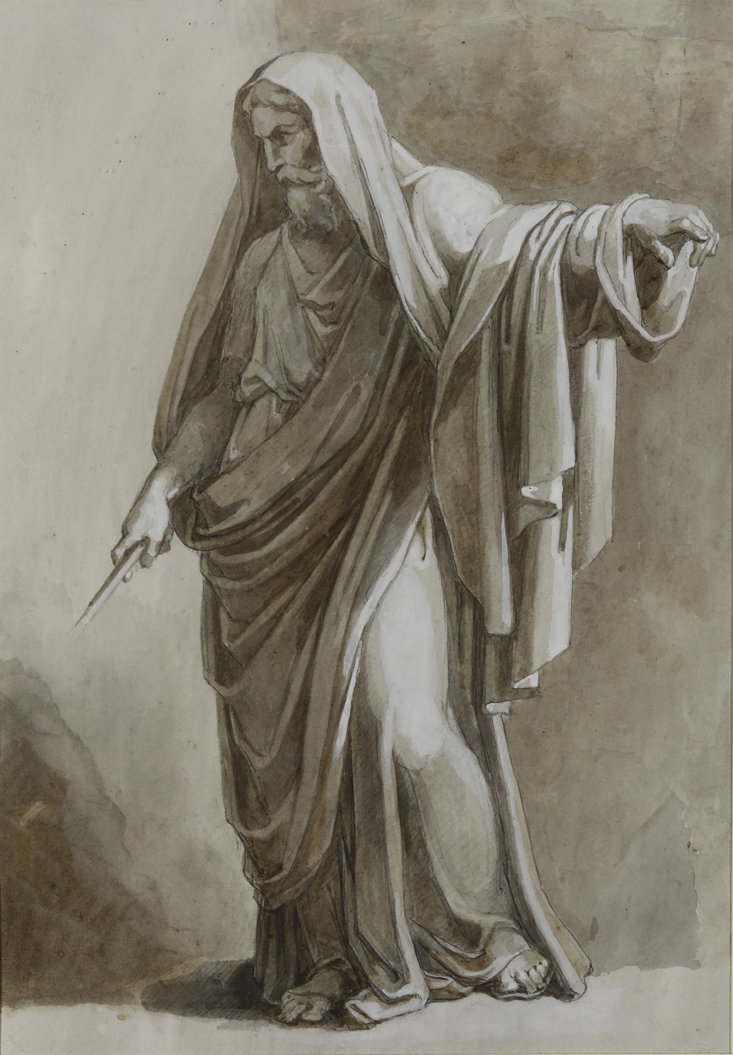 Vincenzo Camuccini - Figura maschile panneggiata, matita nera, acquerello bruno e biacca su carta