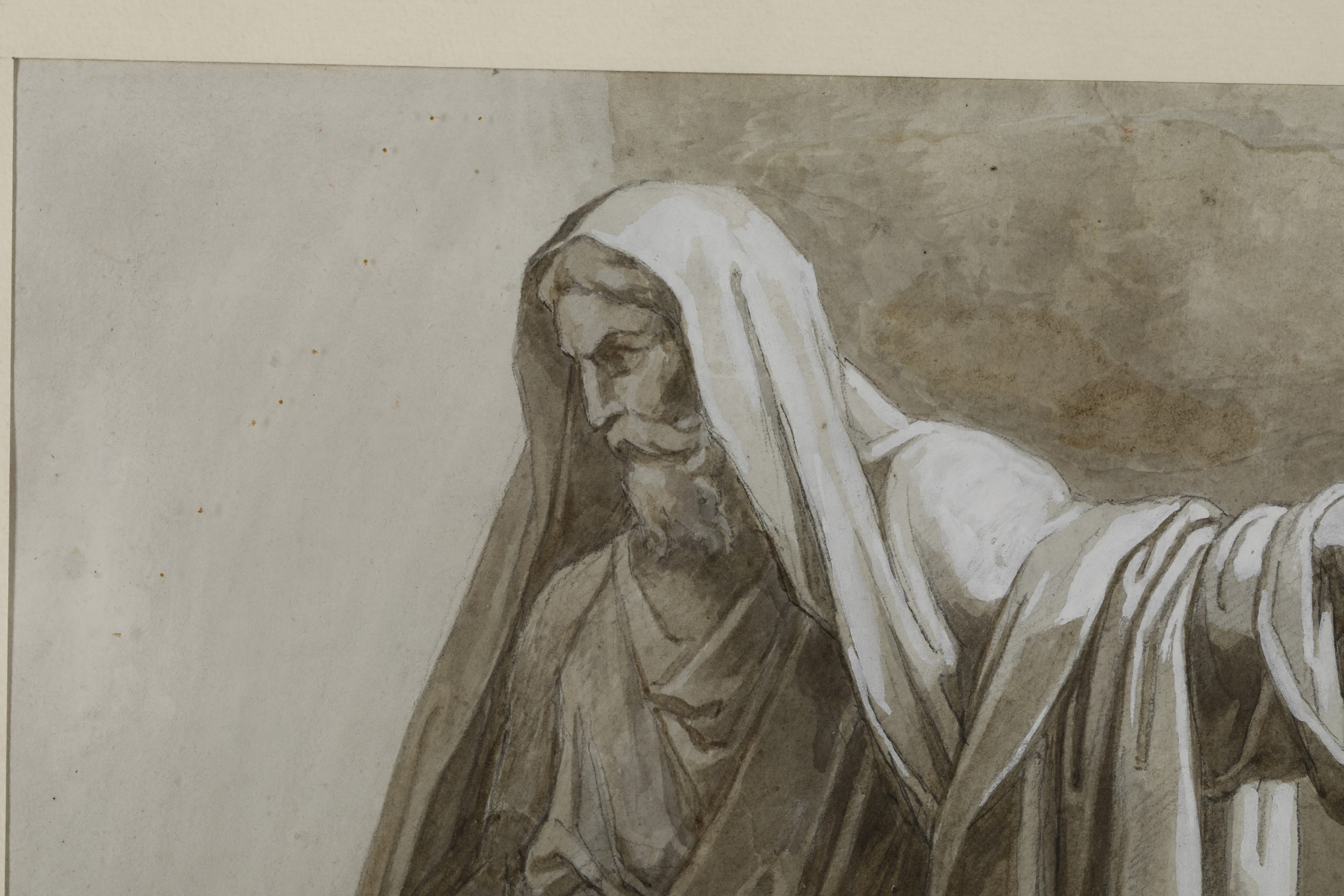 Vincenzo Camuccini - Figura maschile panneggiata, matita nera, acquerello bruno e biacca su carta