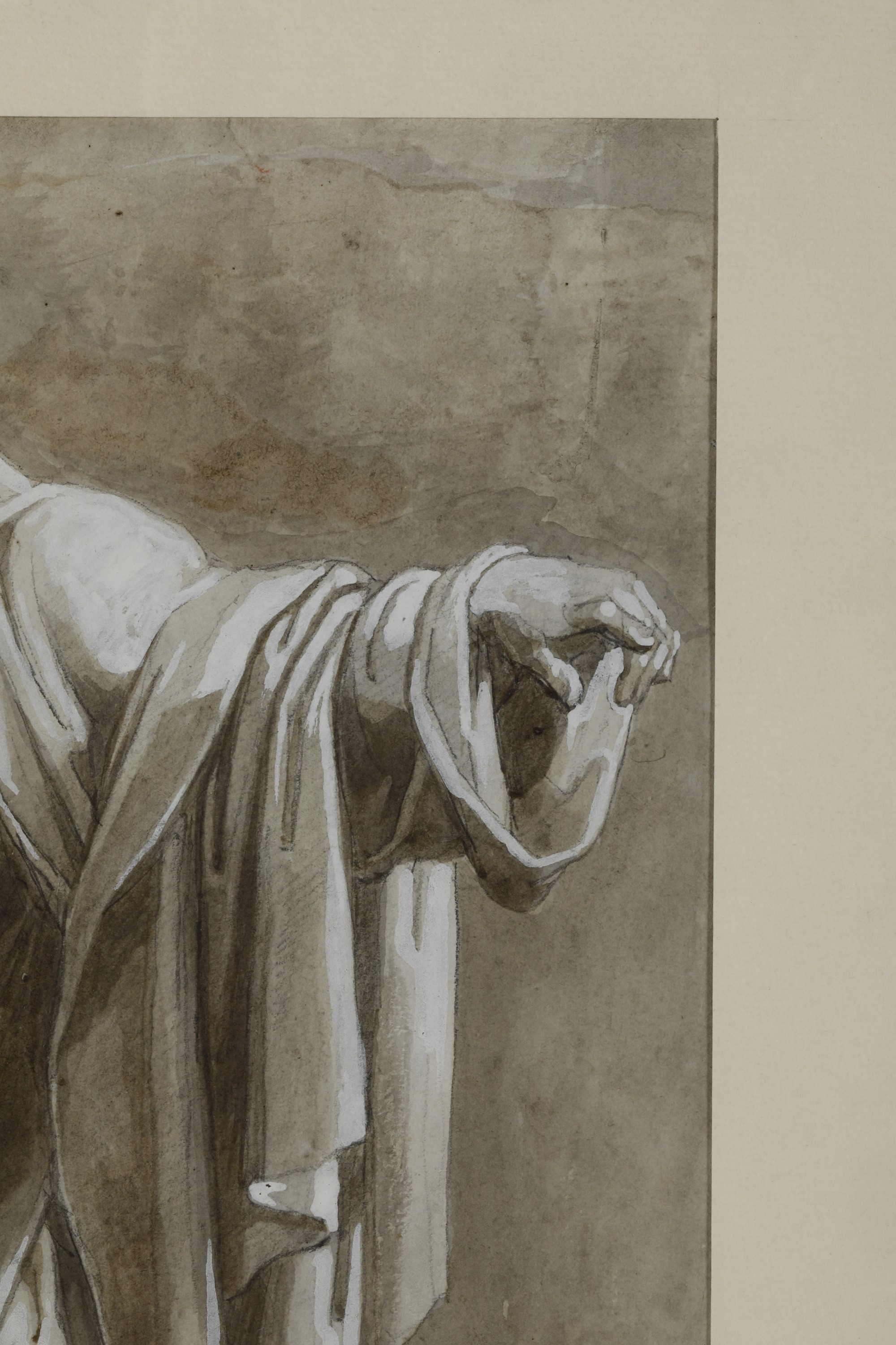 Vincenzo Camuccini - Figura maschile panneggiata, matita nera, acquerello bruno e biacca su carta
