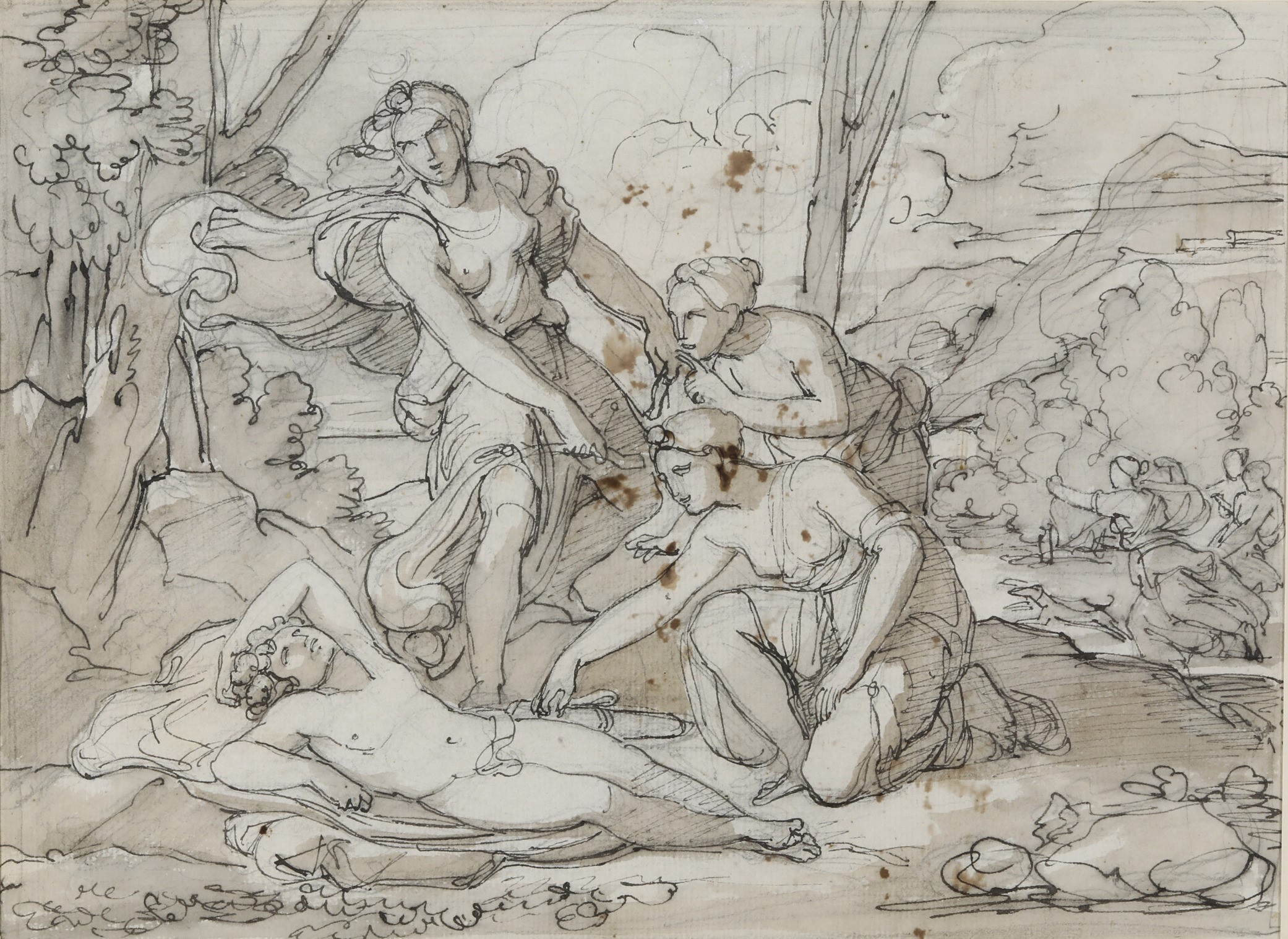 Vincenzo Camuccini - La morte di Adone – matita nera, penna, inchiostro e acquerello grigio su ca...