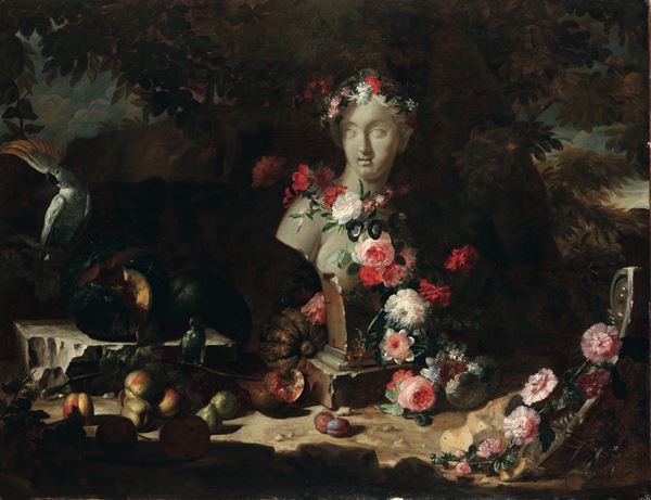 Artista fiammingo attivo a Roma nel XVII secolo Natura morta entro paesaggi con busto femminile, fiori, frutti e pappagallino