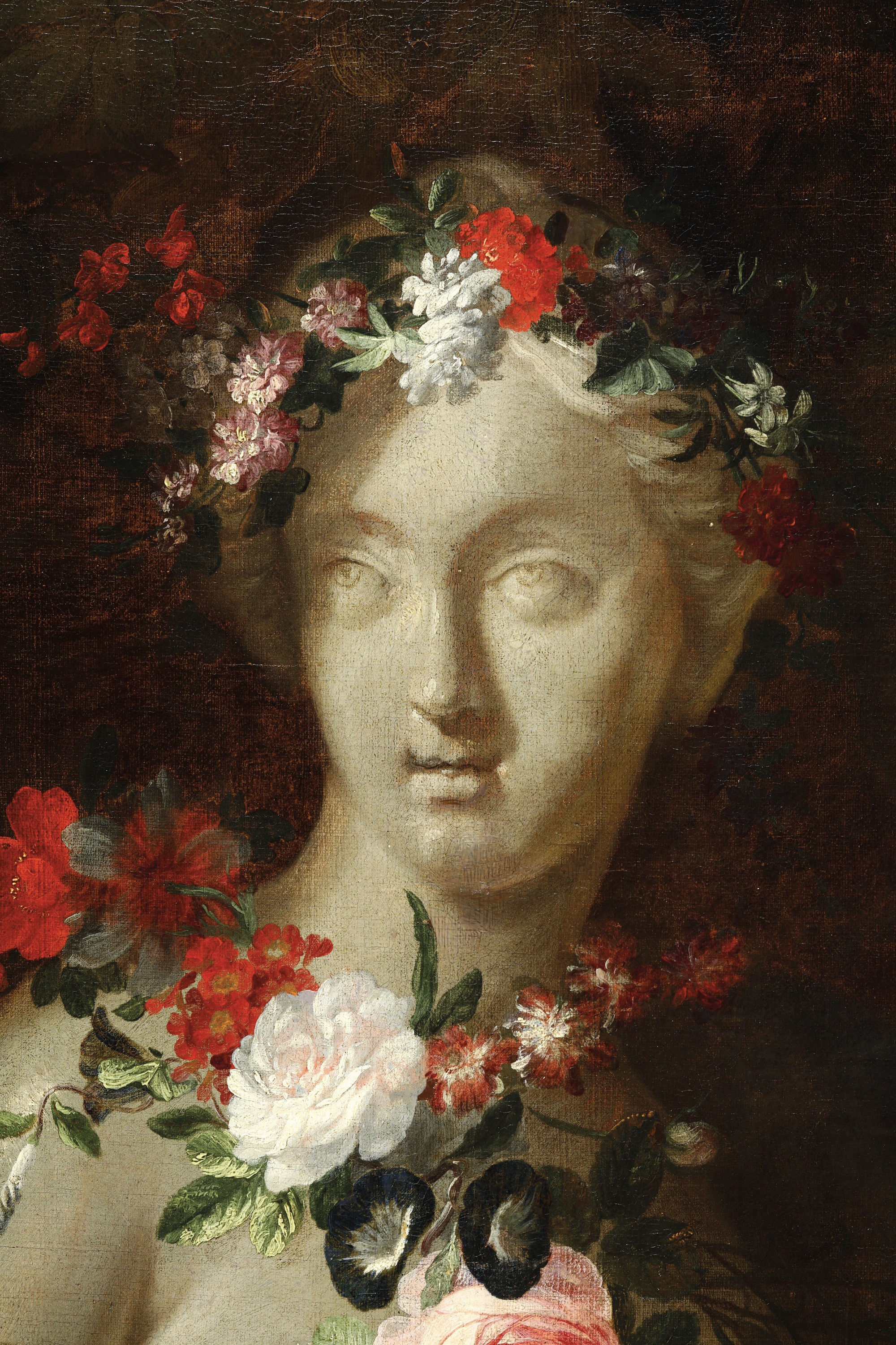 Artista fiammingo attivo a Roma nel XVII secolo, Natura morta con paesaggio, busto femminile, fio...