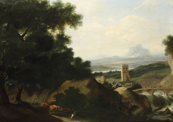 Scuola del XVIII secolo Paesaggio con pastori e armenti