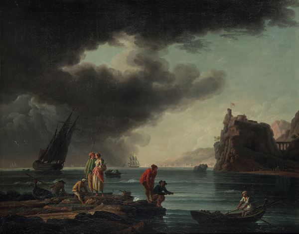 Scuola francese del XVIII secolo Veduta costiera con pescatori