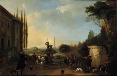 Artista fiammingo del XVII secolo, Veduta di giardino con figure, olio su tavoletta