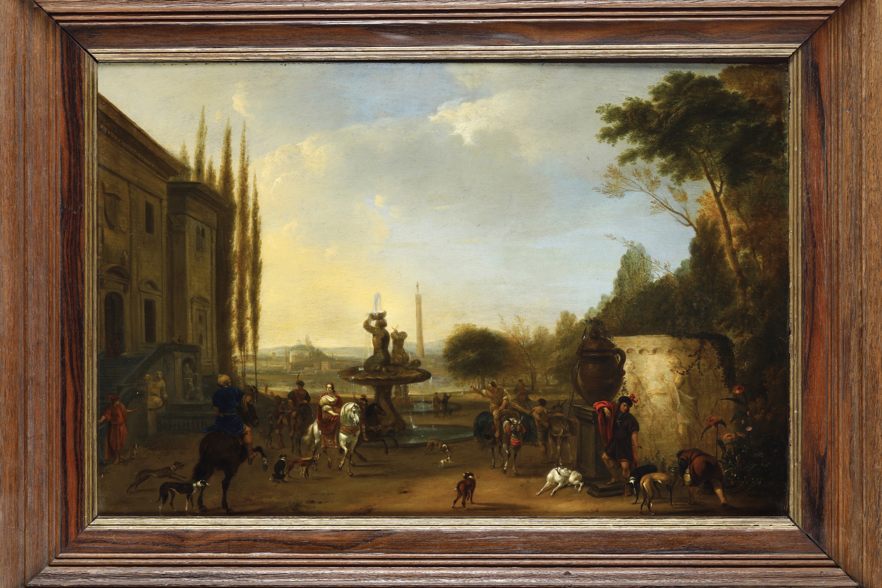 Artista fiammingo del XVII secolo, Veduta di giardino con figure, olio su tavoletta