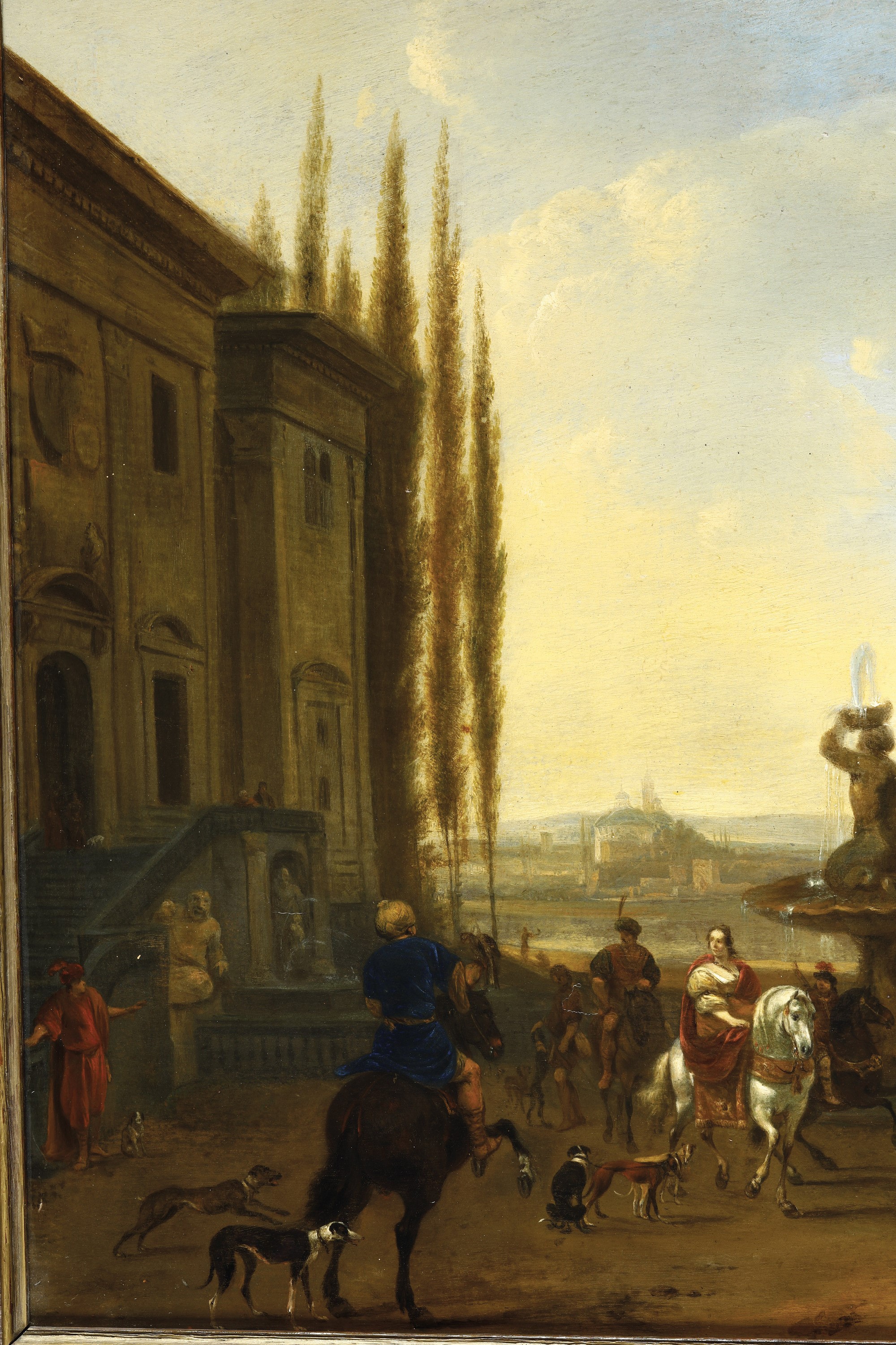 Artista fiammingo del XVII secolo, Veduta di giardino con figure, olio su tavoletta