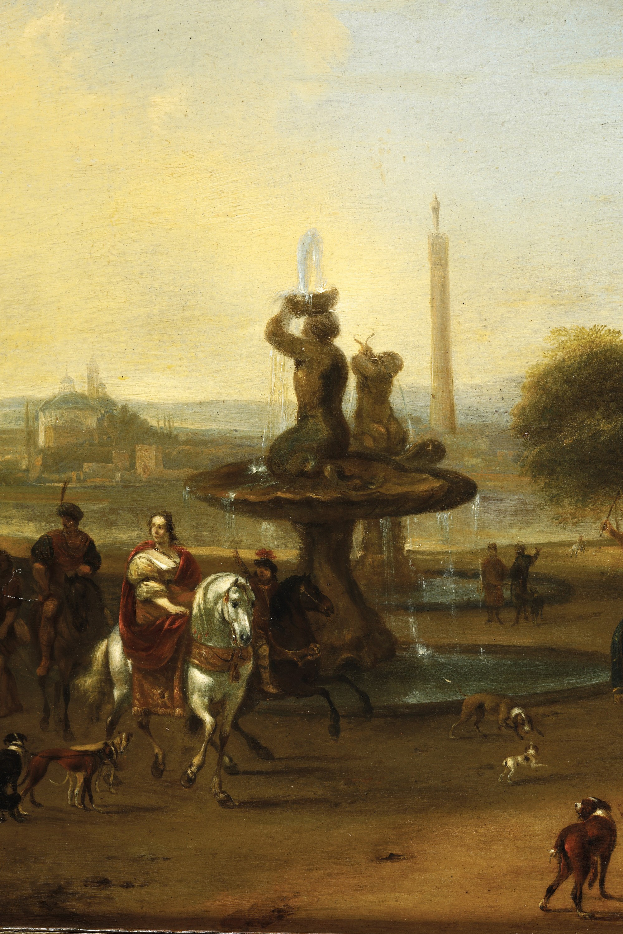 Artista fiammingo del XVII secolo, Veduta di giardino con figure, olio su tavoletta