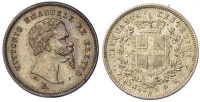 Regno di Sardegna. Vittorio Emanuele II di Savoia, 1849-1861. 50 Centesimi 1860. Firenze.