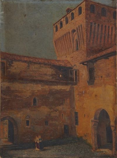 Pittore del XIX Secolo Paesaggio con Scena Galante
