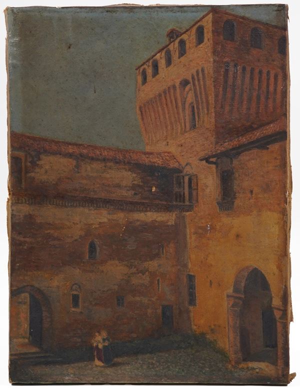 Pittore del XIX secolo Paesaggio con scena galante