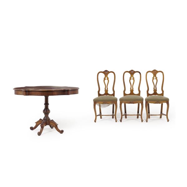 Tavolo a biscotto e tre sedie. XIX secolo