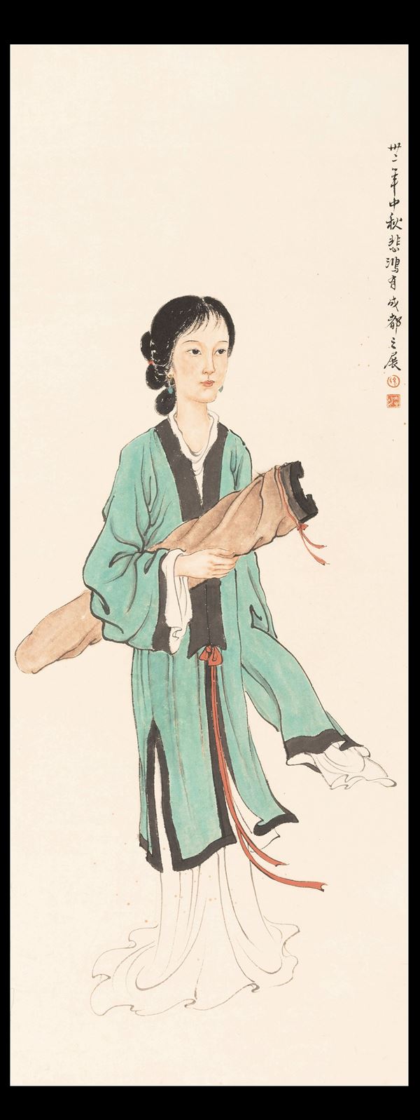 Scroll su carta a decoro di personaggio femminile con iscrizioni, Scuola di Xu Beihong, Cina, XX secolo