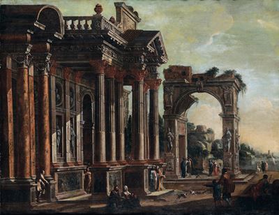 Capriccio con architetture classiche e figure, olio su tela