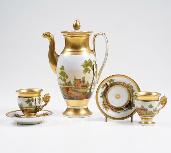 Una caffettiera e due tazze con piattino. Probabilmente Milano, Manifattura Richard, 1850 circa.