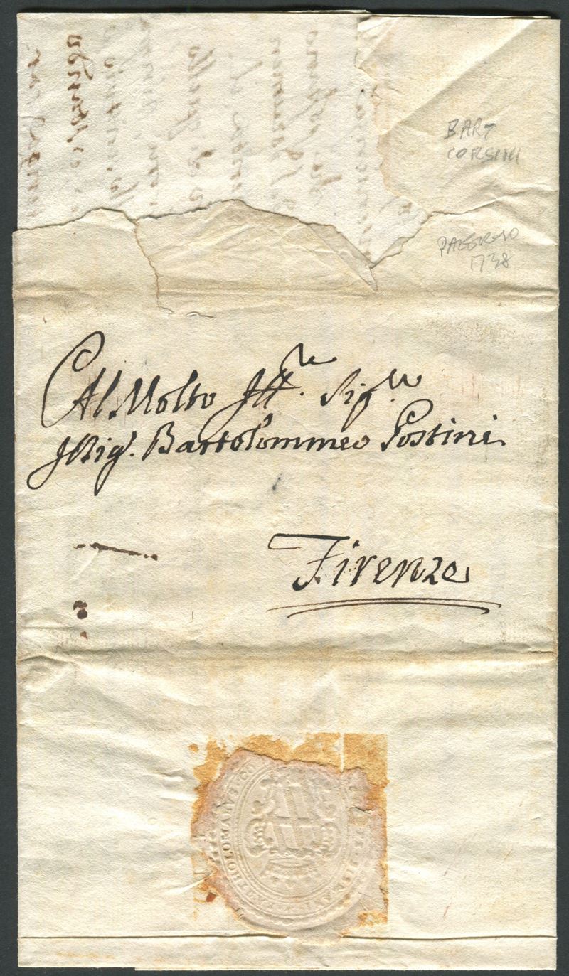 1738, Regno di Sicilia, Lettera da Palermo a Firenze indirizzata a Bartolomeo Corsini  - Asta Storia Postale e Filatelia - Cambi Casa d'Aste