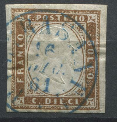 1861, Regno di Sardegna, 10 Cent. Bruno Chiaro (14cm) Annullo Pietrasanta in Azzurro (punti 8)
