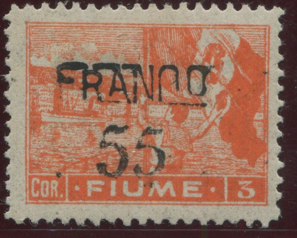 1919, Fiume, serie “Allegorie”, 55 su 3c. vermiglio arancio, carta B (B85)