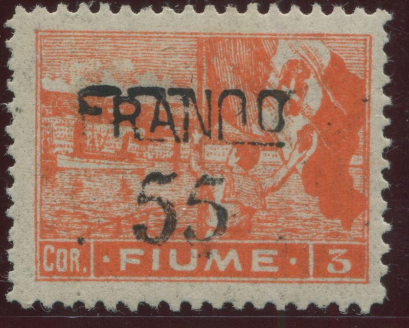 1919, Fiume, serie “Allegorie”, 55 su 3c. vermiglio arancio, carta B (B85)  - Asta Storia Postale e Filatelia - Cambi Casa d'Aste