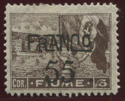 1919, Fiume, Serie “allegorie”, 55 su 5c. Cioccolato, Carta B (b86)