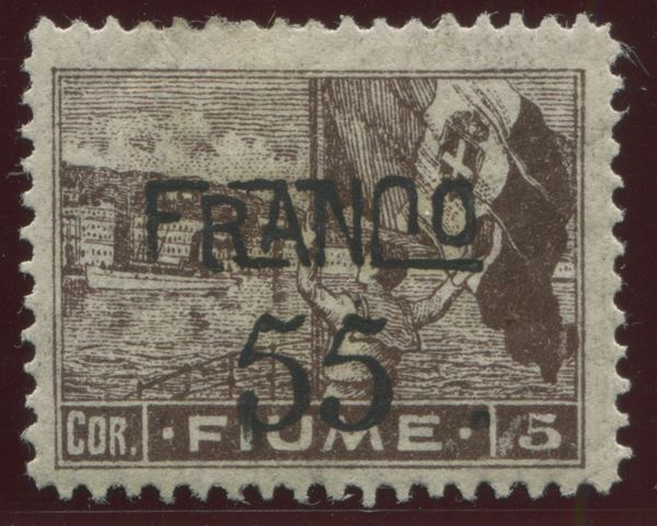 1919, Fiume, serie “Allegorie”, 55 su 5c. cioccolato, carta B (B86)