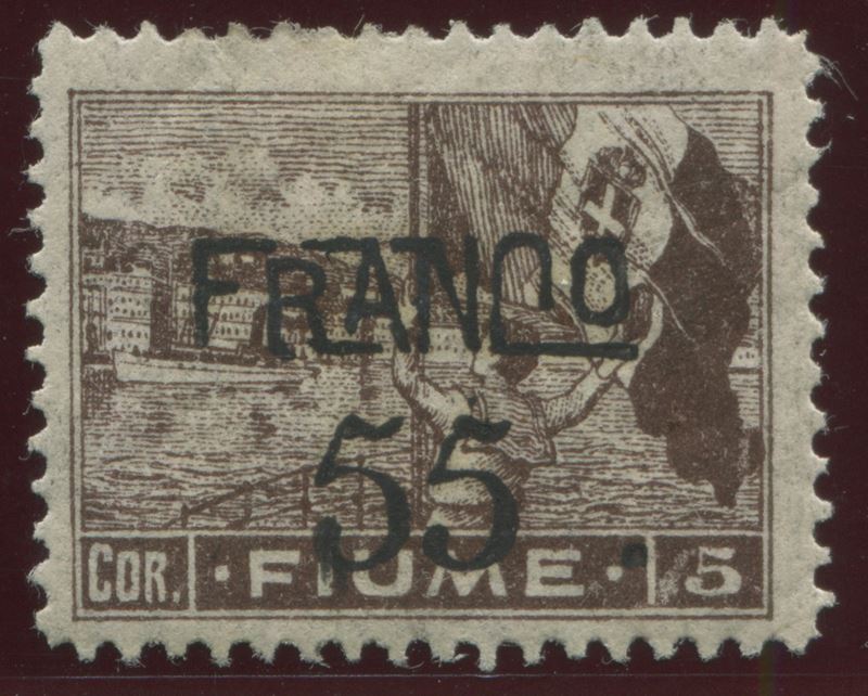1919, Fiume, serie “Allegorie”, 55 su 5c. cioccolato, carta B (B86)  - Auction Postal History and Philately - Cambi Casa d'Aste