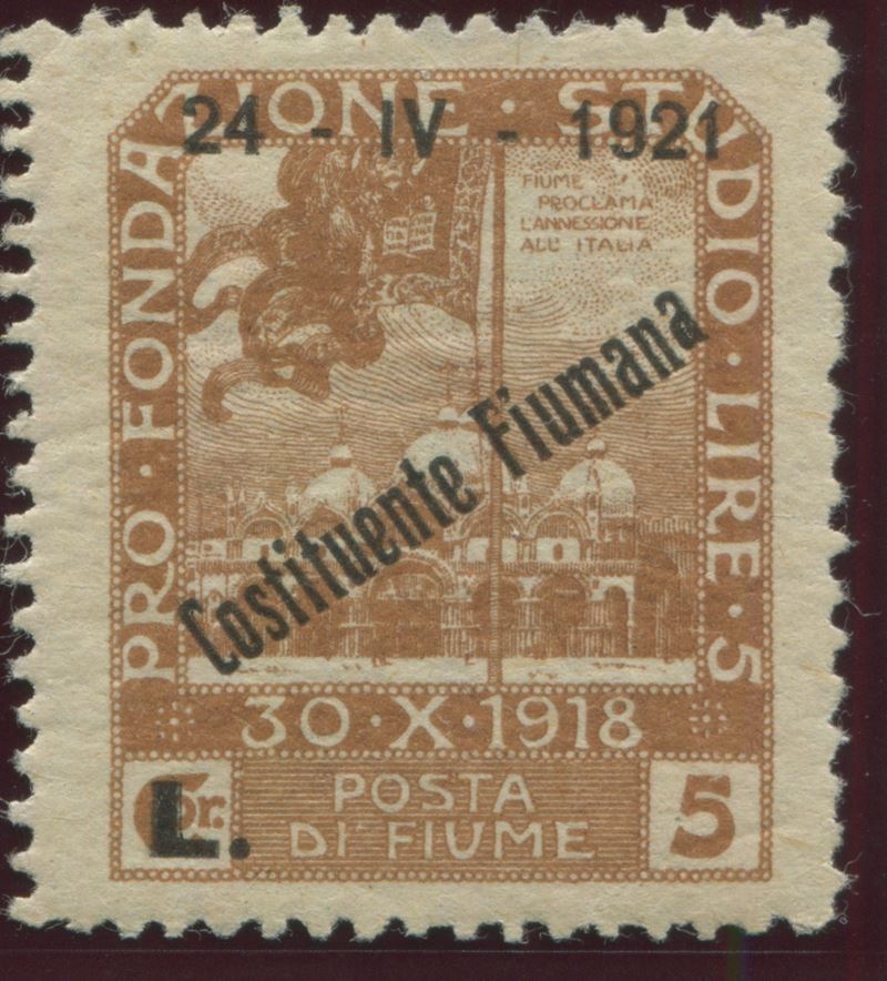 1921, Fiume, serie pro “Fondazione Studio”, 5l. bruno giallo, varietà seconda “a” di “Fiumana” spostata in alto (174nc)  - Asta Storia Postale e Filatelia - Cambi Casa d'Aste
