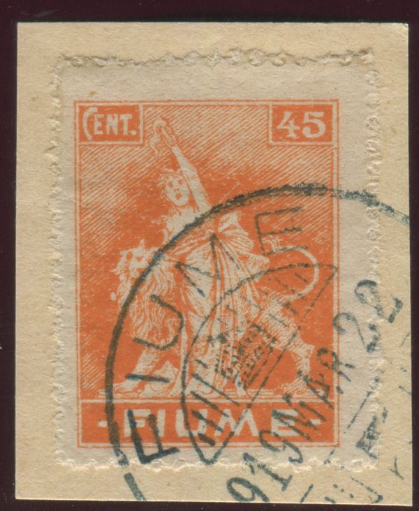 1919, Fiume, serie “Allegorie e vedute”, 45c. arancio bistro, carta B (B41), usato su piccolo frammento