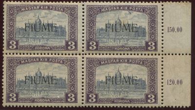 1918-19, Fiume, Serie “vedute”, 3k. Violetto e Grigio (19), Quartina Gomma Integra Bdf