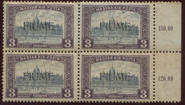 1918-19, Fiume, serie “Vedute”, 3k. violetto e grigio (19), quartina gomma integra bdf
