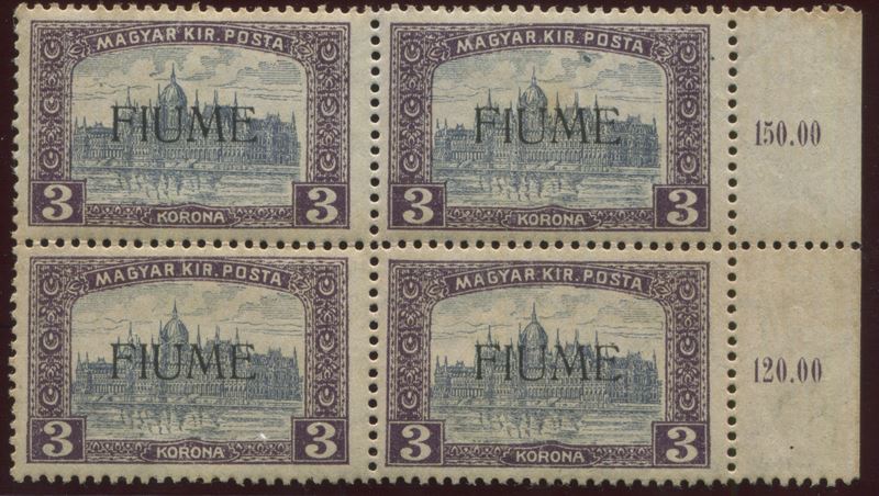 1918-19, Fiume, serie “Vedute”, 3k. violetto e grigio (19), quartina gomma integra bdf  - Auction Postal History and Philately - Cambi Casa d'Aste