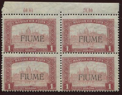 1918-19, Fiume, Serie “vedute”, 1k. Carminio e Rosa (17), Quartina Gomma Integra Bdf