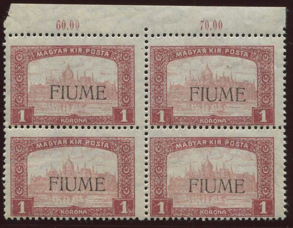 1918-19, Fiume, serie “Vedute”, 1k. carminio e rosa (17), quartina gomma integra bdf